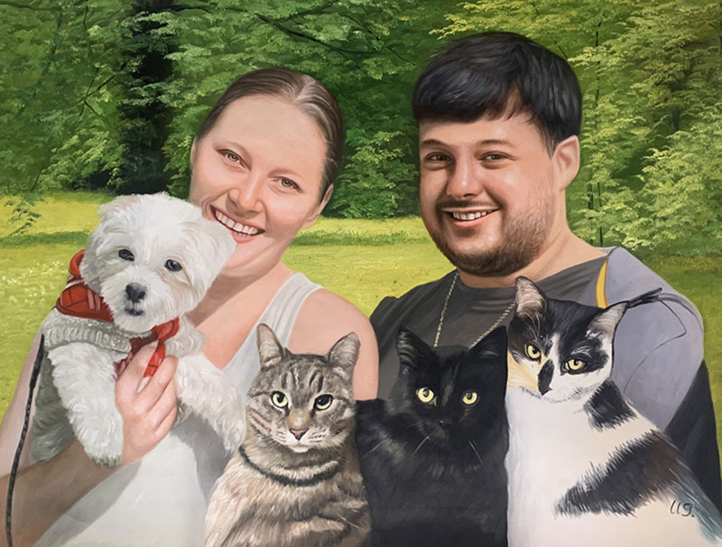 Painted portrait of a couple with a small white dog and two cats.