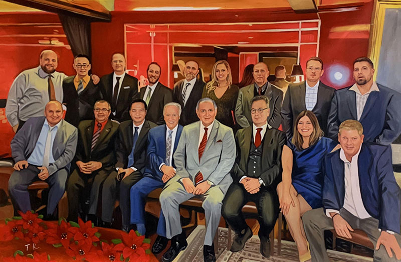 Group portrait painting of many men and women in formal wear.