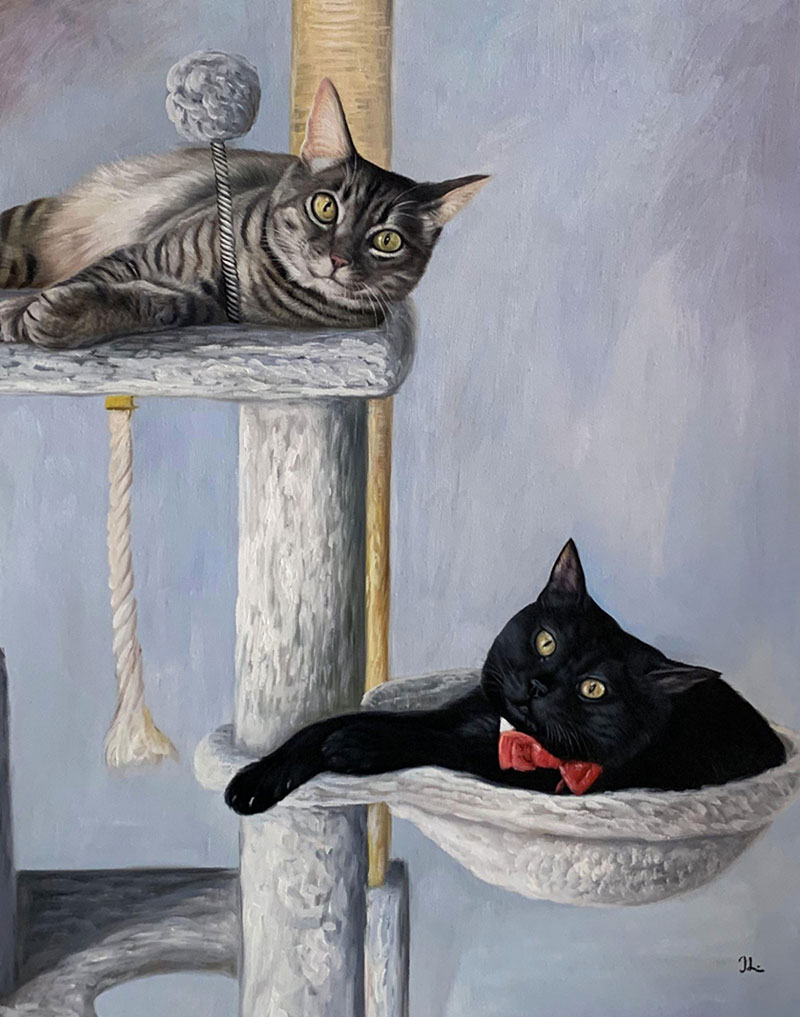Painting of two cats on a cat tree, one tabby cat lying on a platform, one black cat wearing a bow tie lying in a hammock.