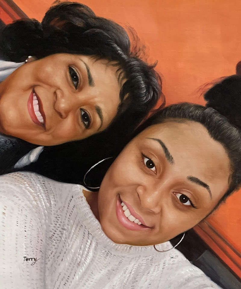 Painting of a mother and daughter smiling at the camera