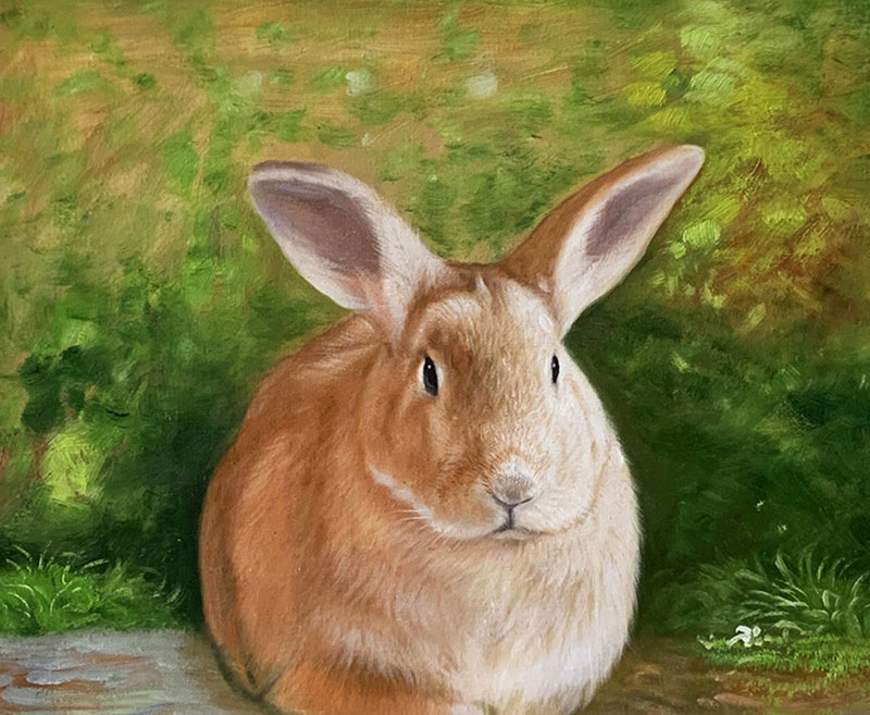 Painting of a brown rabbit sitting in a green garden
