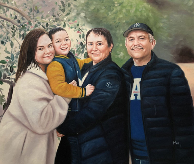 Family portrait painting: two women, a man, and a young boy.