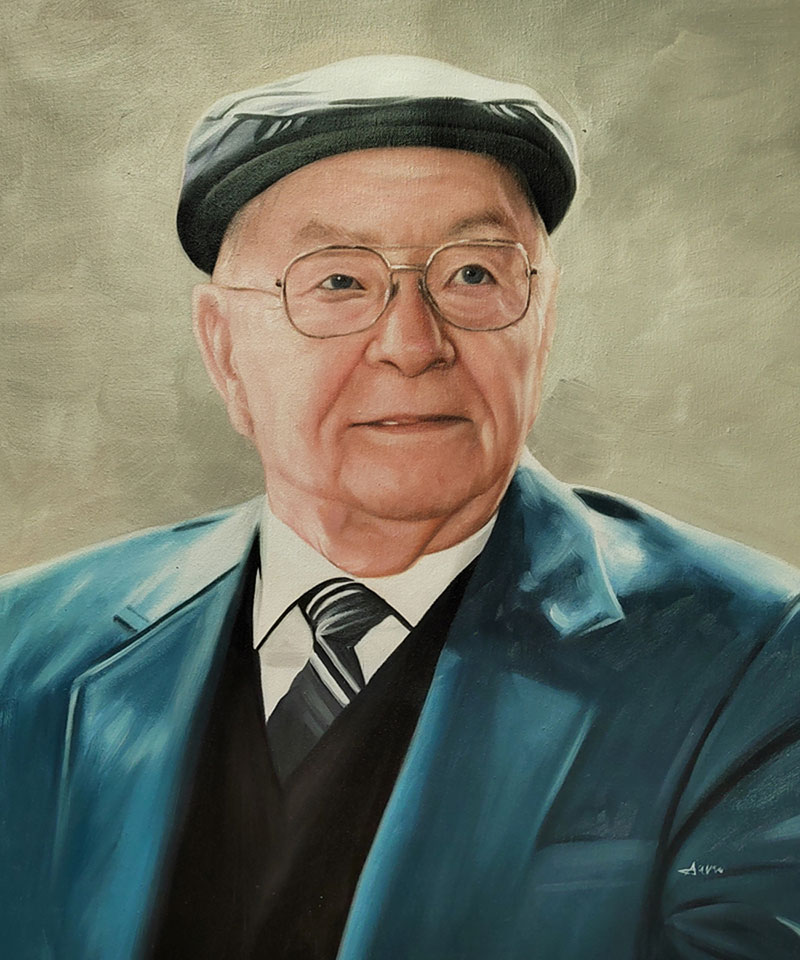 Painting of an elderly man in a teal suit and hat wearing glasses.