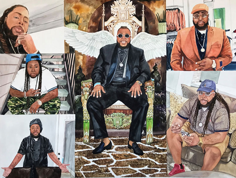 Collage of watercolor portraits of a man in various poses and outfits.