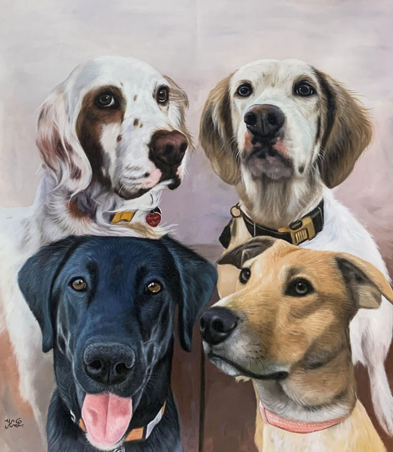 Painting of four dogs, two English setters, a black Labrador Retriever, and a tan mixed breed.