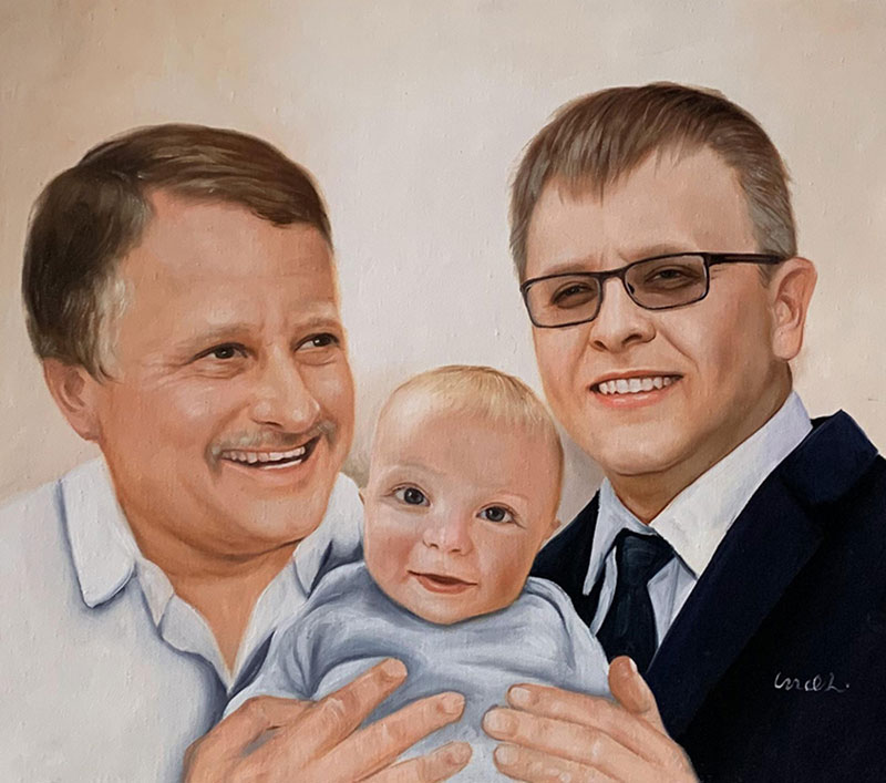 Painted portrait of two men and a baby.