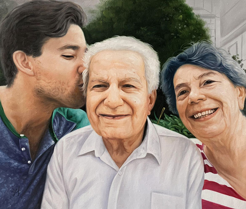 Painted portrait of a young man kissing his smiling elderly father on the cheek, with his smiling elderly mother beside them.