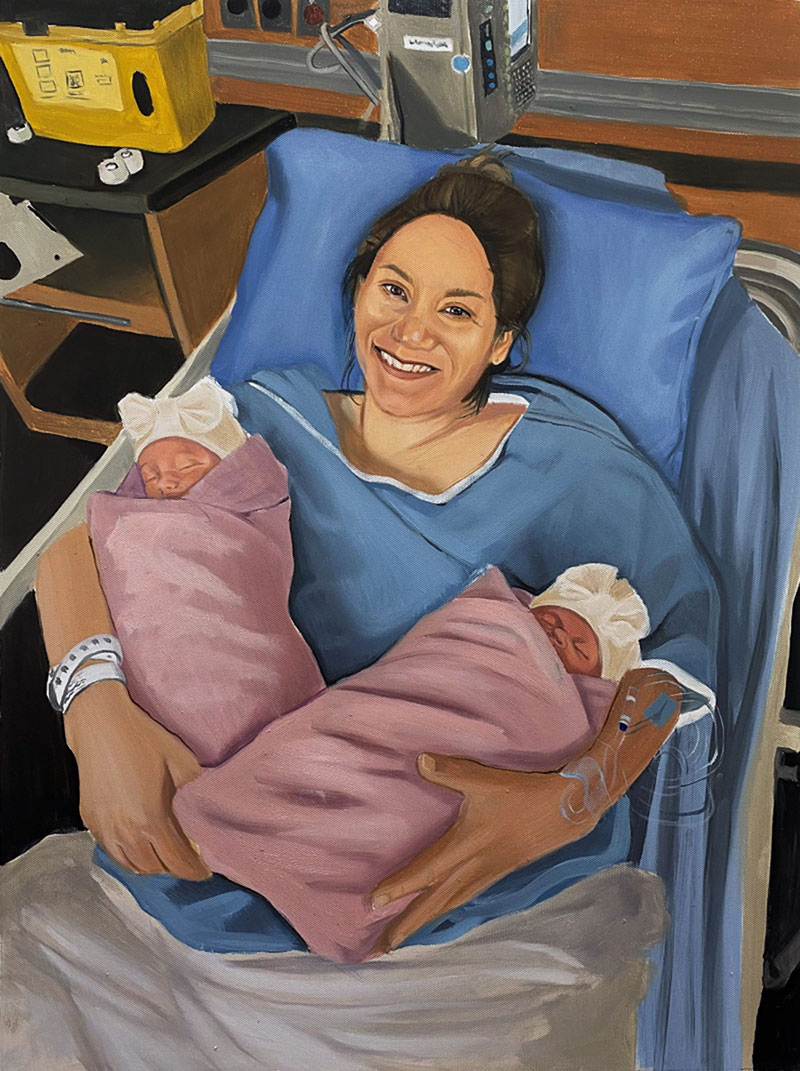 Painting of a smiling mother holding twin newborns in a hospital bed.
