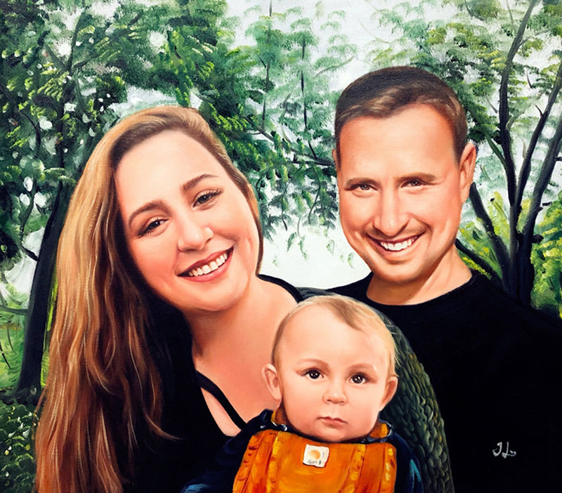 Oil painting of a family portrait: a mother, father, and baby.