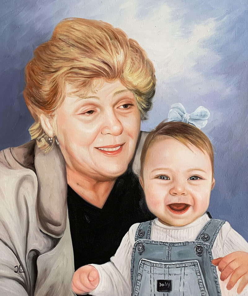 Oil painting portrait of an elderly woman and a baby.