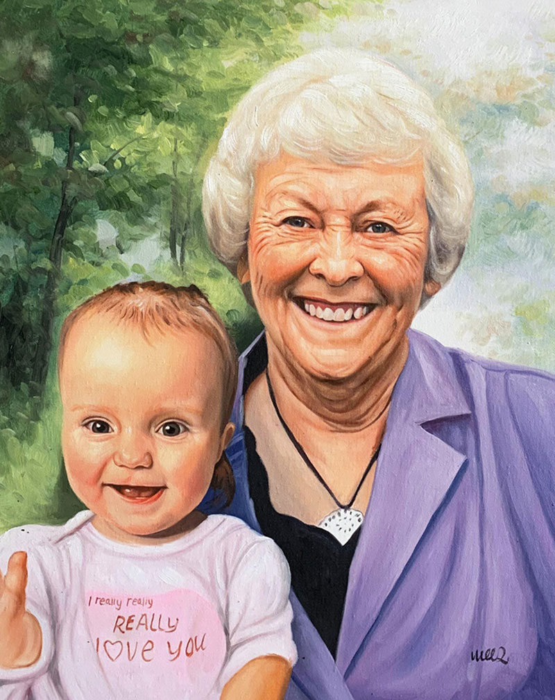 Oil painting of a smiling older woman holding a baby, the baby`s shirt says I really really REALLY love you.