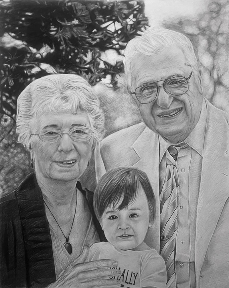 Black and white pencil portrait of grandparents and grandchild.