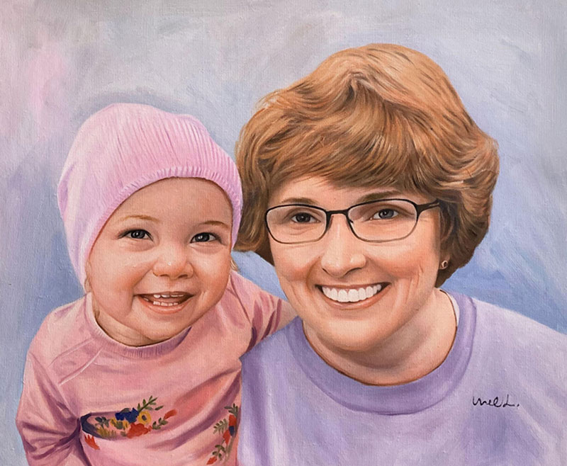 Oil painting portrait of a toddler and a woman wearing glasses.