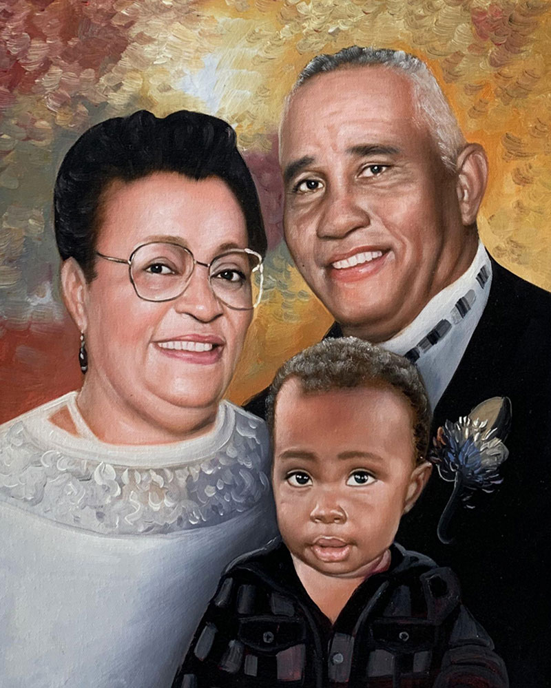 Painted portrait of grandparents and a toddler.
