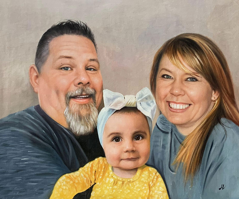 Painted portrait of a family: father, mother, and baby daughter.