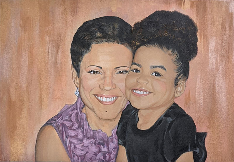 Painting of a woman and young girl embracing.