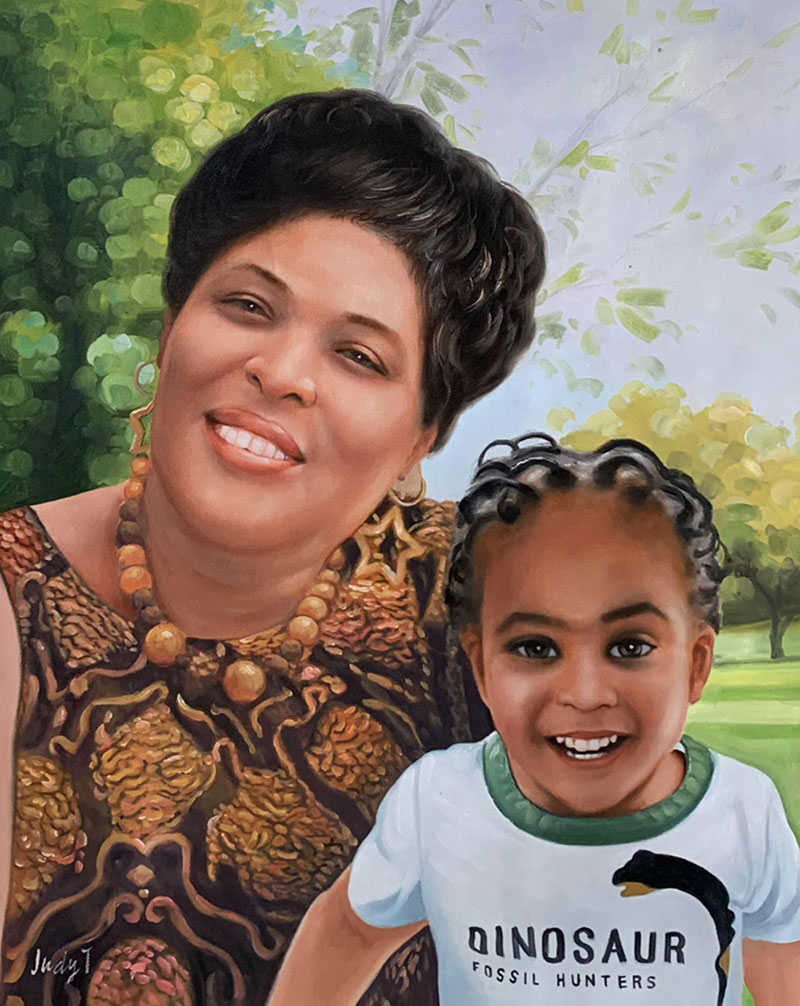 Painting of a woman and young child smiling, outdoors.