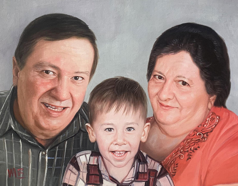 Painted portrait of grandparents and their grandson.