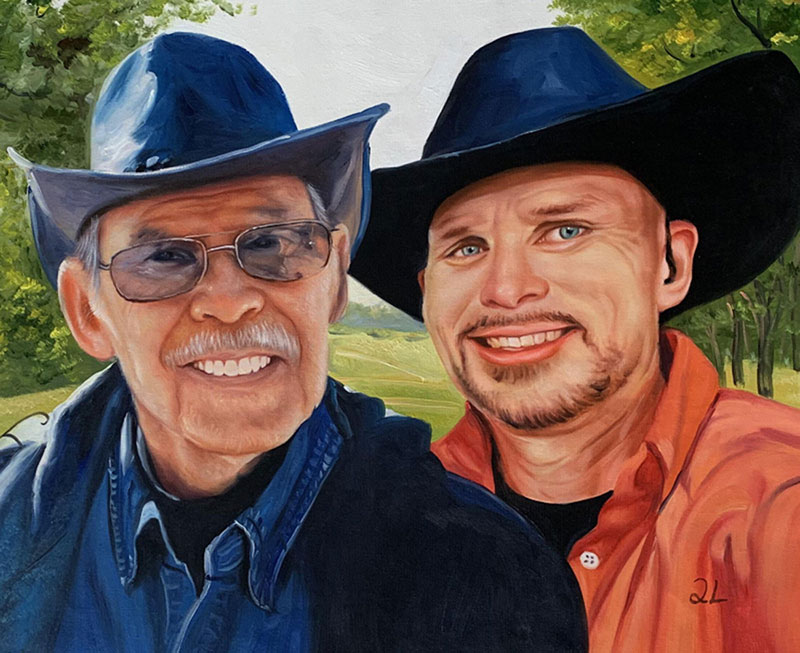Painted portrait of two smiling men wearing cowboy hats.