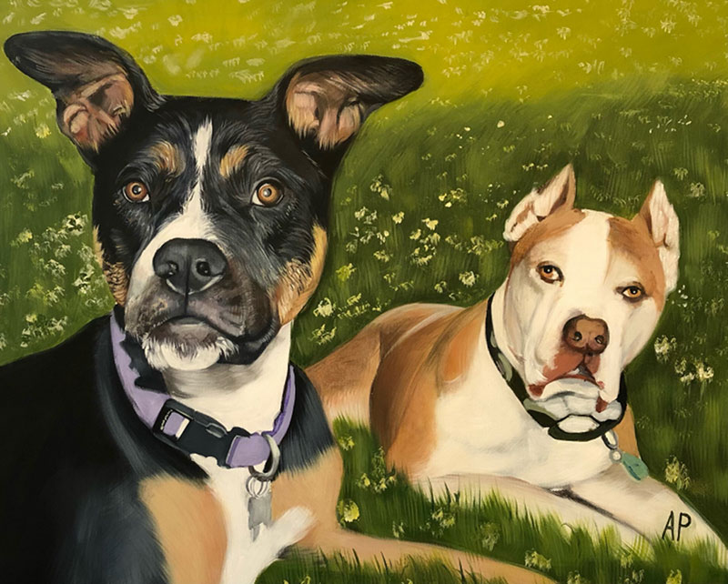 Painting of two dogs lying in a field of flowers.