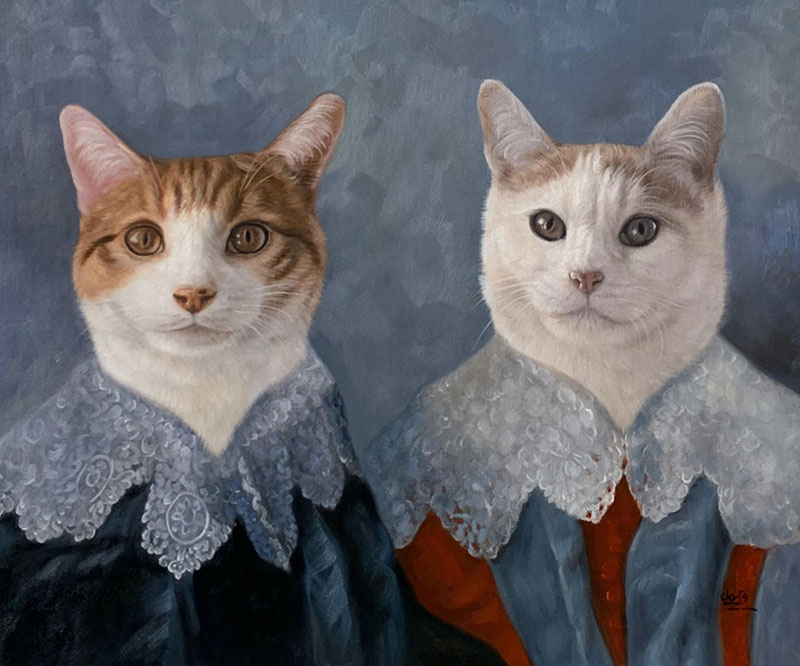 Painting of two cats wearing lace collars and antique-style clothing.