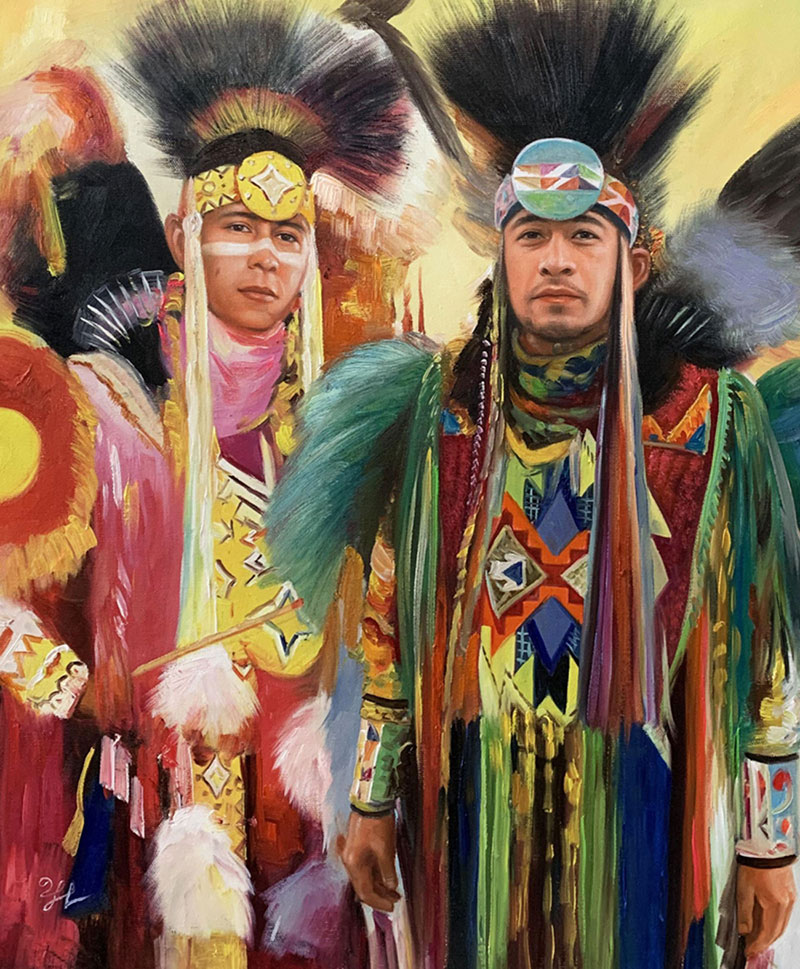 Painting of two Indigenous people in colorful regalia.
