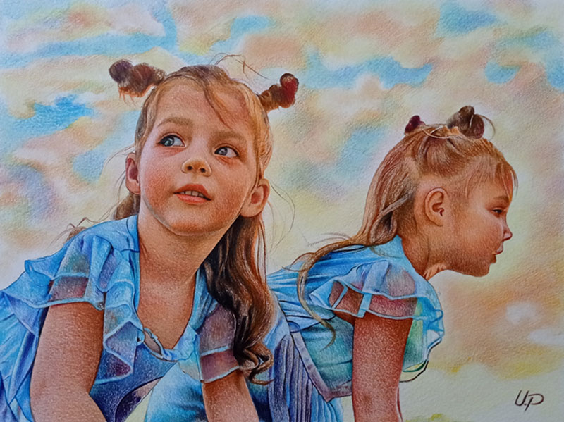 Portrait d'enfant - Dessin au crayons couleurs