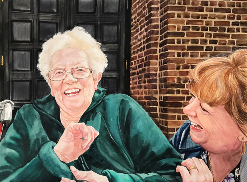 Painting of two laughing women, one older with glasses and a green jacket, the other younger with reddish hair.