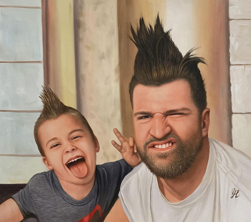 Painting of a man and boy with mohawk hairstyles making silly faces.
