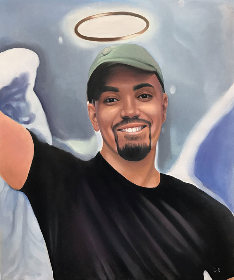 Painting of a smiling man with a halo and angel wings.