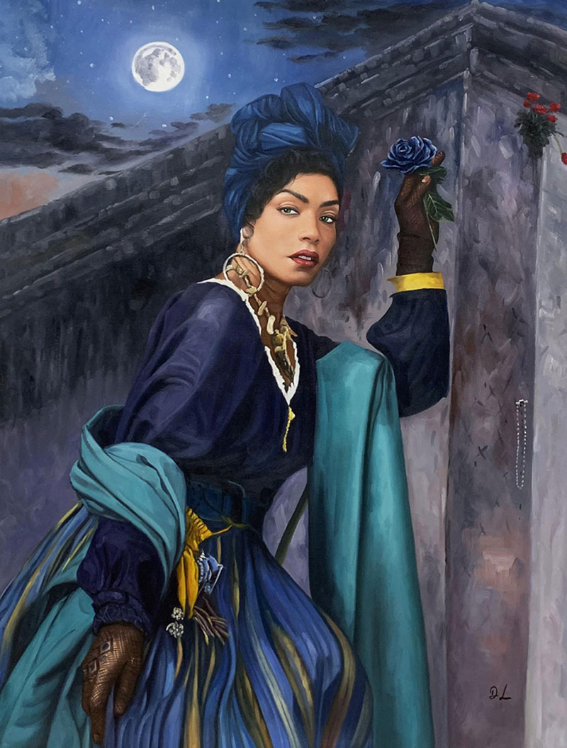 Portrait of a woman in blue and teal clothing holding a blue rose at a tomb under a full moon.