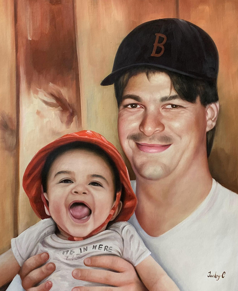 Painting of a smiling man in a baseball cap holding a laughing baby in a red hat.