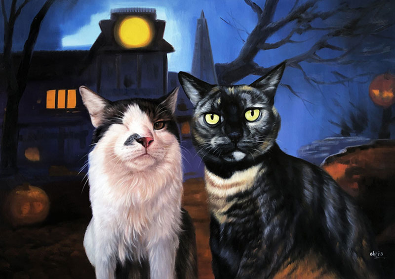Painting of two cats in front of a spooky house at night.