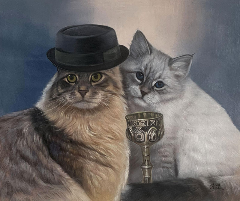 Painting of two cats, one wearing a hat, next to a goblet.