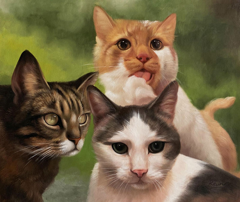 Painting of three cats, an orange tabby, a brown tabby, and a tuxedo cat.
