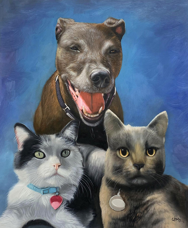 Painting of a pit bull and two cats.