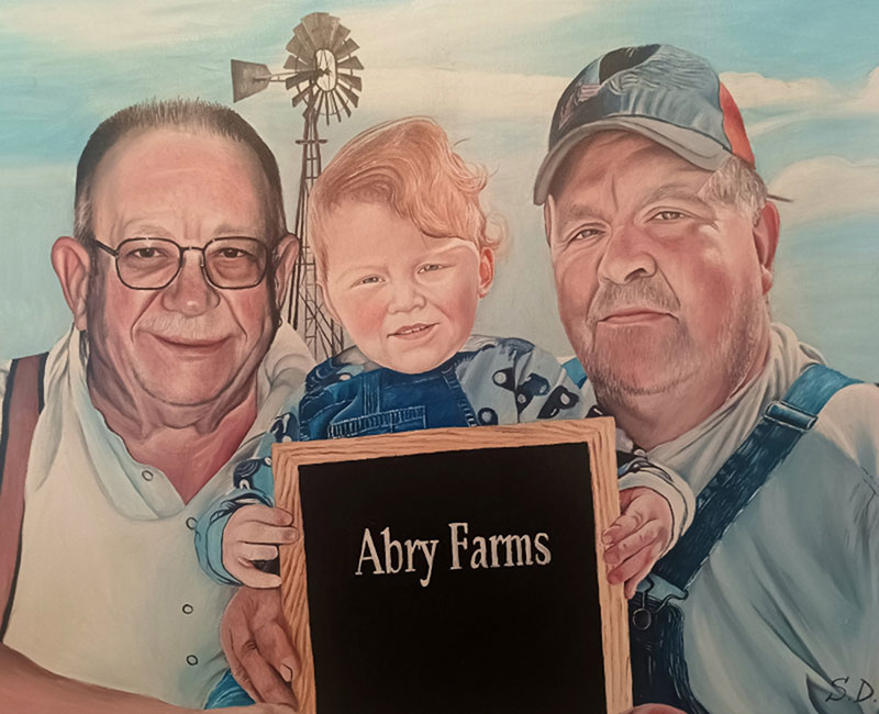 Painting of two older men and a toddler holding a sign that says Abry Farms.