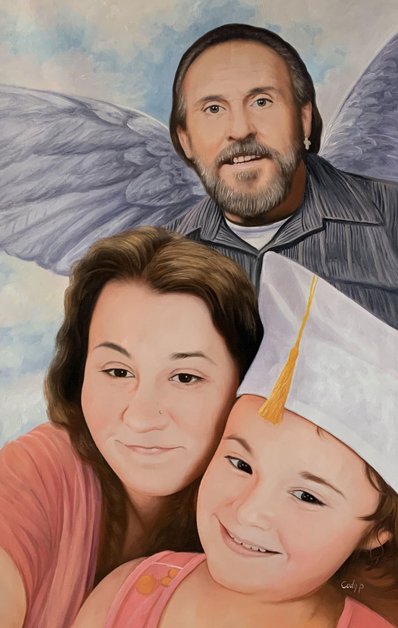 Painting of a man with angel wings behind him, embracing a woman and child.