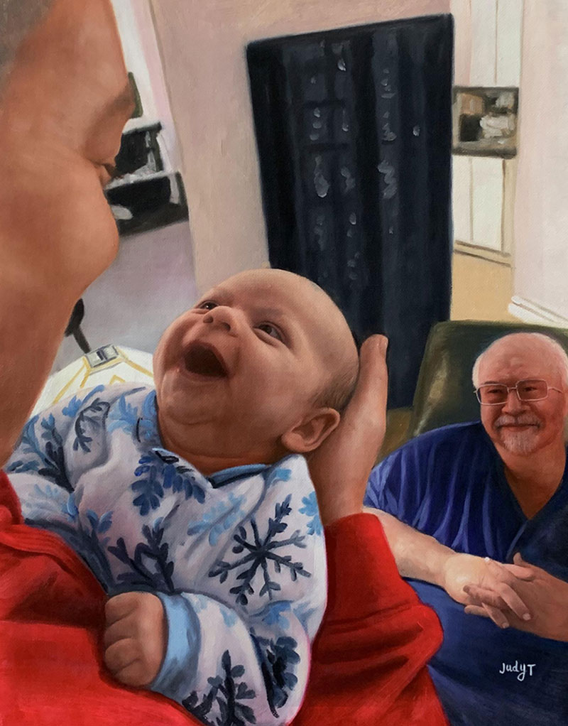 Painting of a laughing baby held by a person in a red shirt, with an older man in the background.