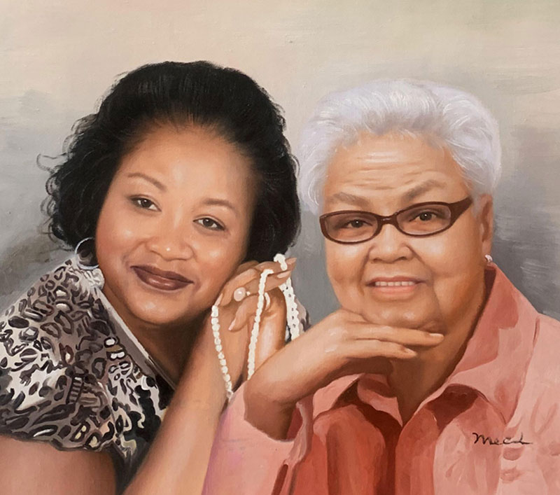 Painted portrait of two women, one younger with dark hair and one older with gray hair, posing together.