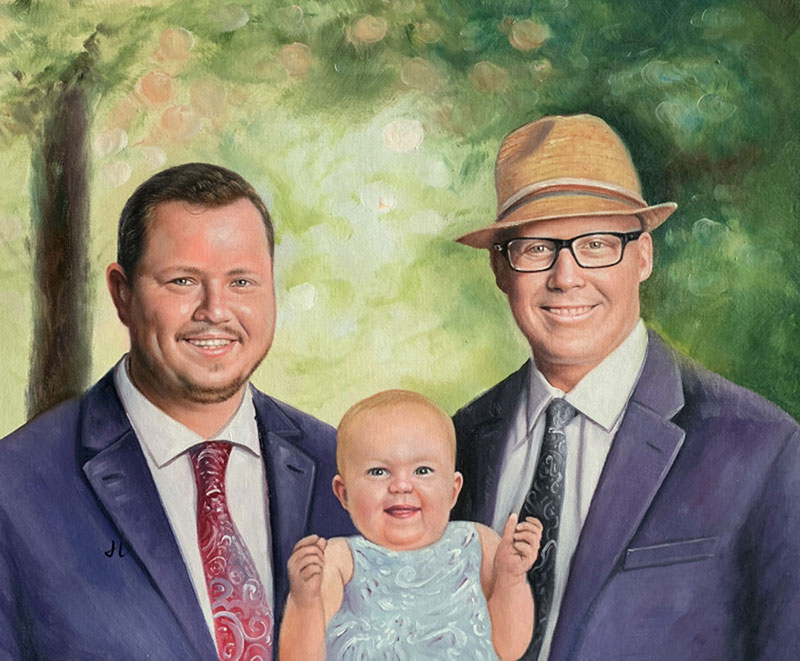 Painted portrait of two men and a baby girl.