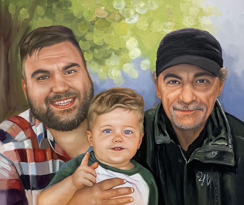 Oil painting portrait of three generations of men: a young father, his toddler son, and an older grandfather.