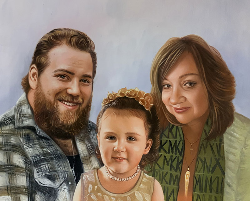 Painted portrait of a family: father, mother, and young daughter.