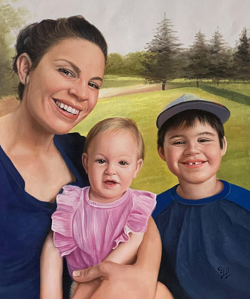 Painting of a mother holding a toddler, with an older child beside them.