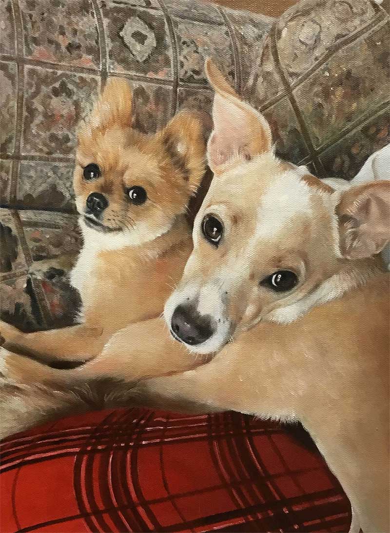 an oil painting of two brown dogs hugging