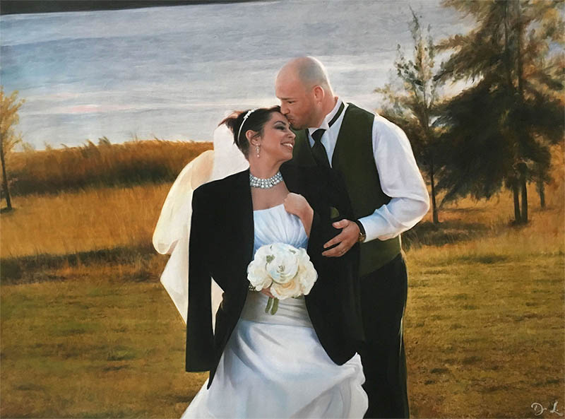 Painting of a bride and groom embracing outdoors.
