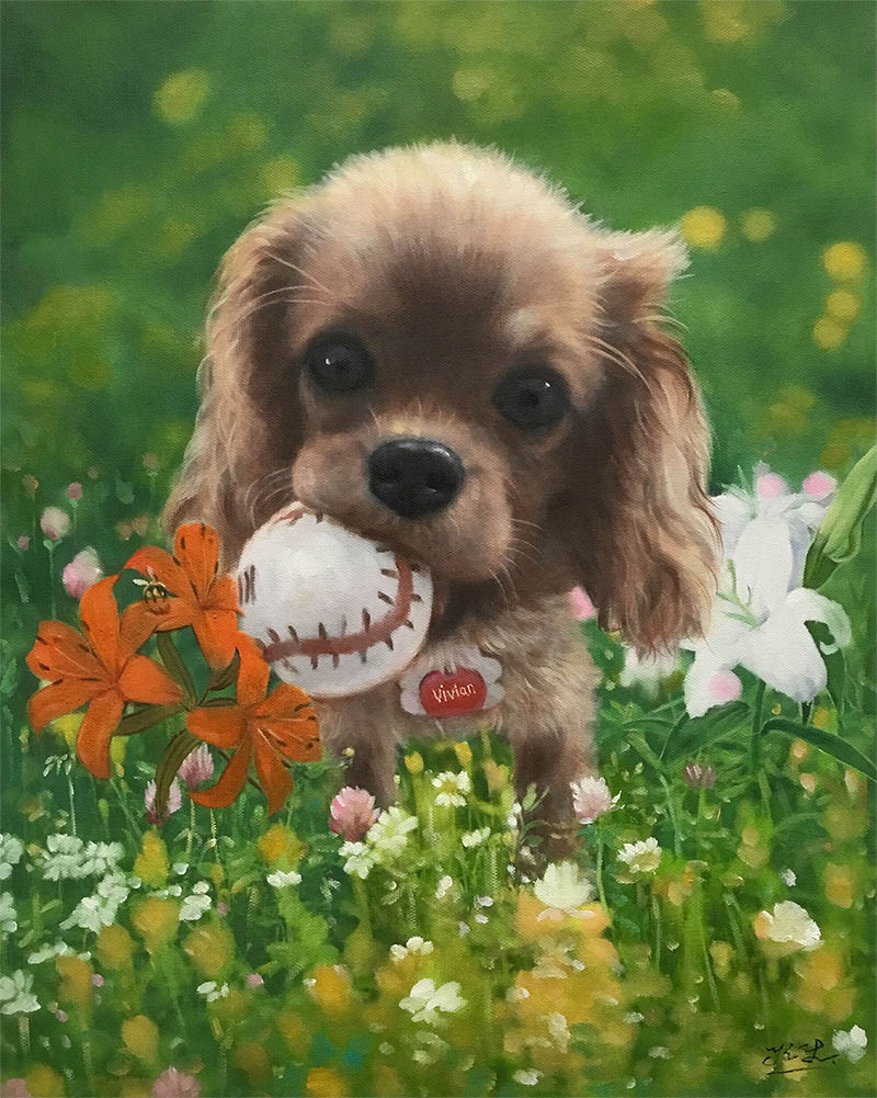 an oil painting of a tiny dog puppy ball in mouth 