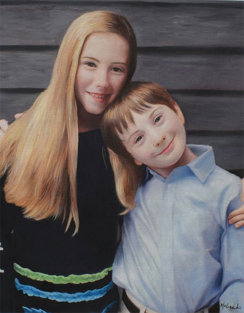 an oil painting of two siblings side by side sister brother