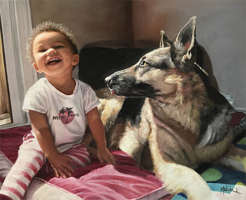 an oil painting of a toddler and a german shepherd