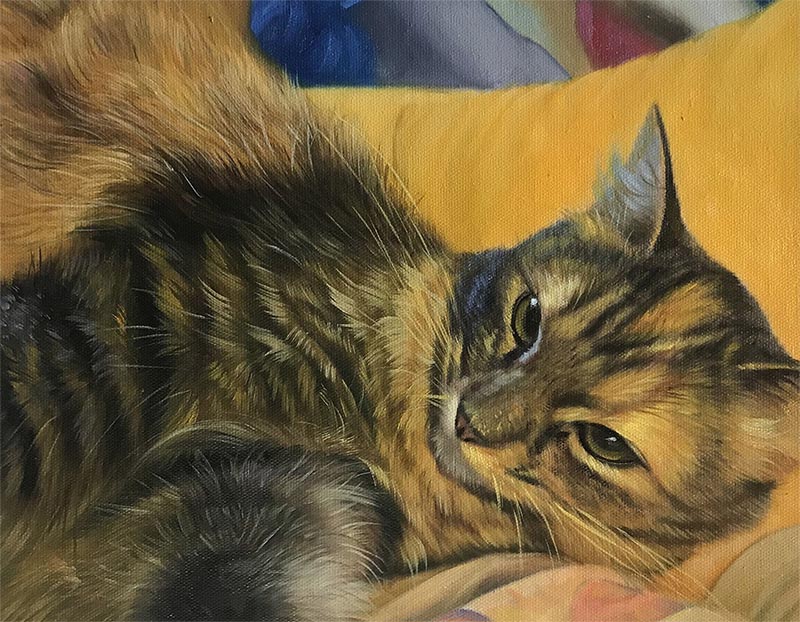an oil painting of a brown stripped cat dark grey